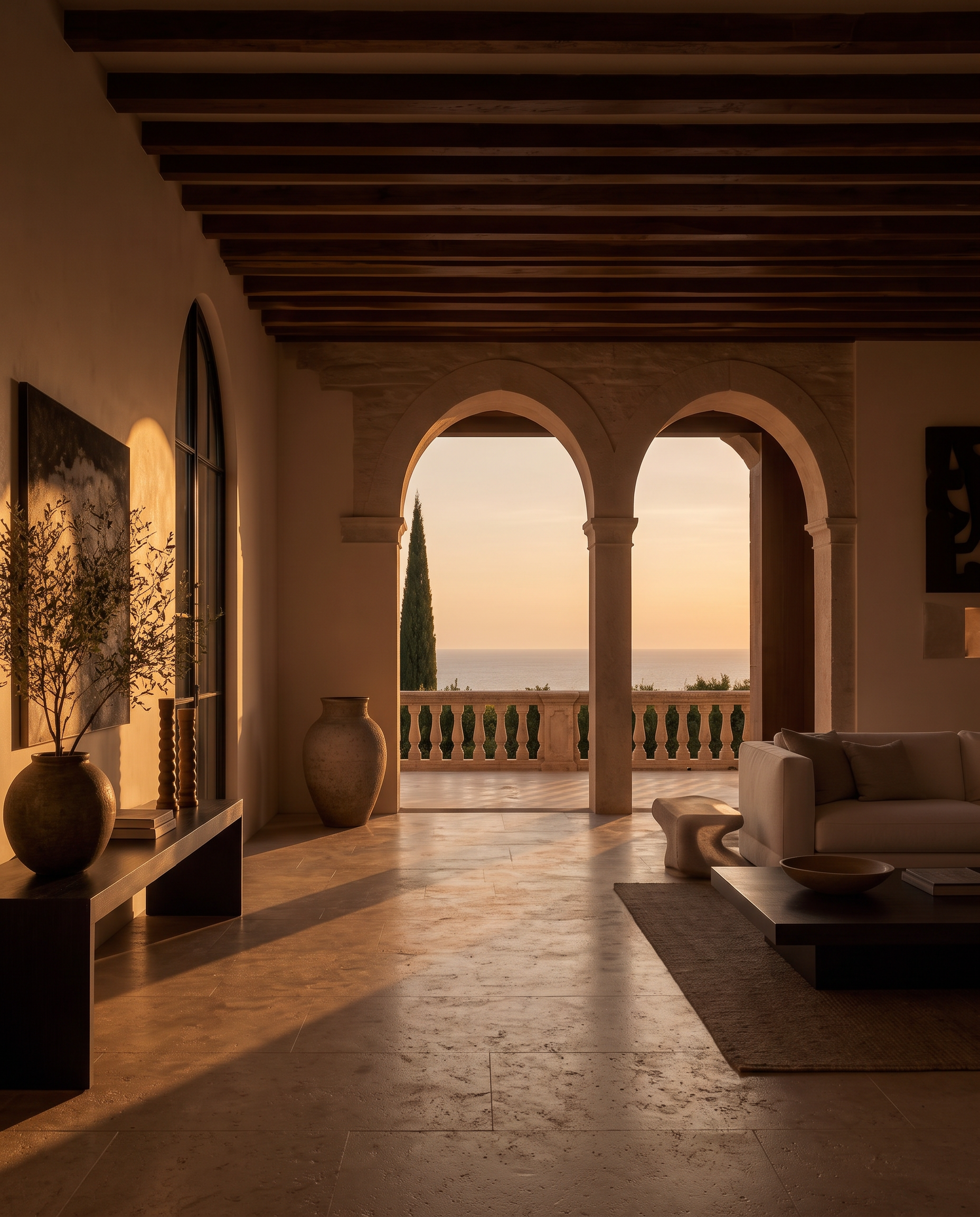 Mallorca villa interior at sunset, arches opening onto the Mediterranean